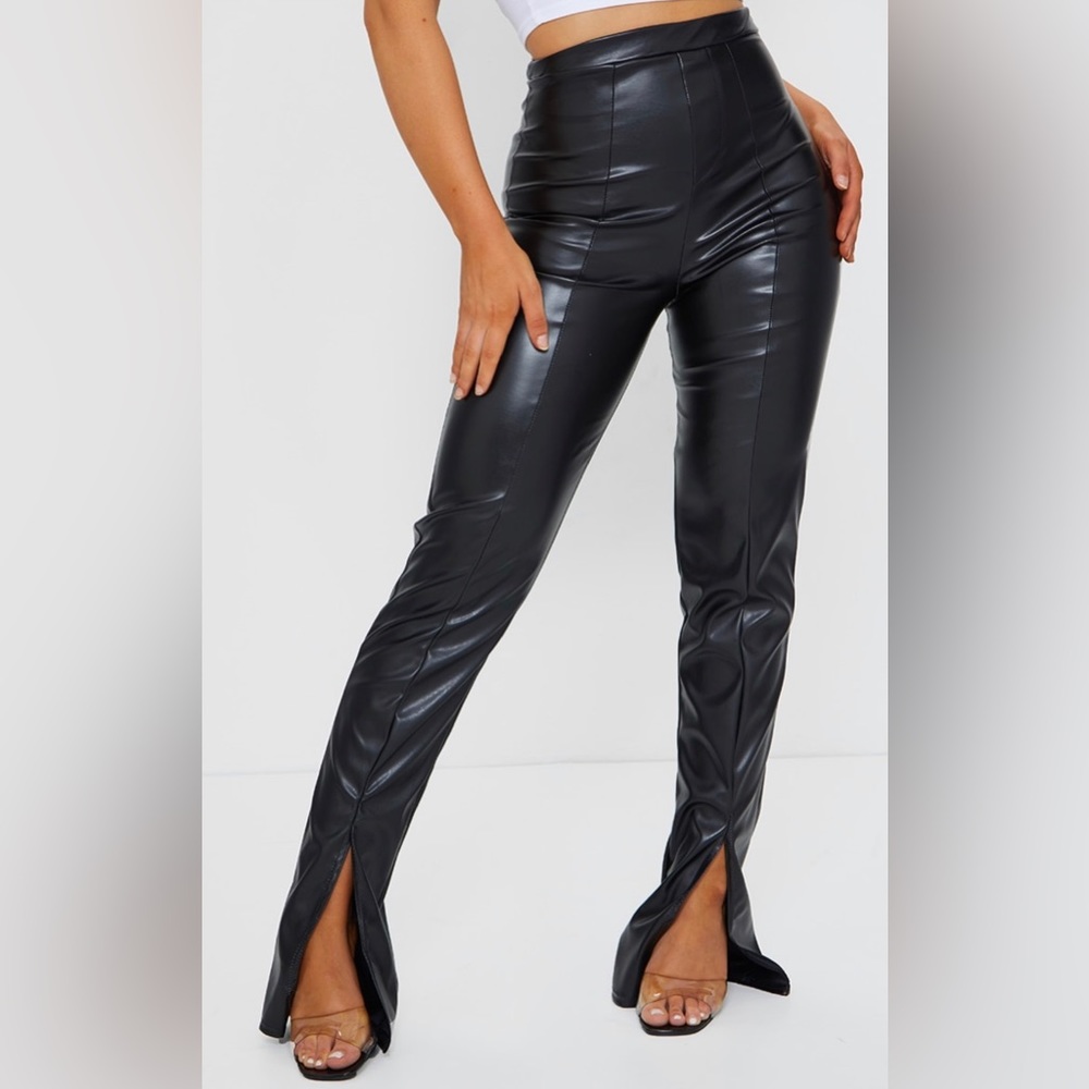 Black Faux Leather Seam Detail Split Hem Pants - Pretty Little Thing